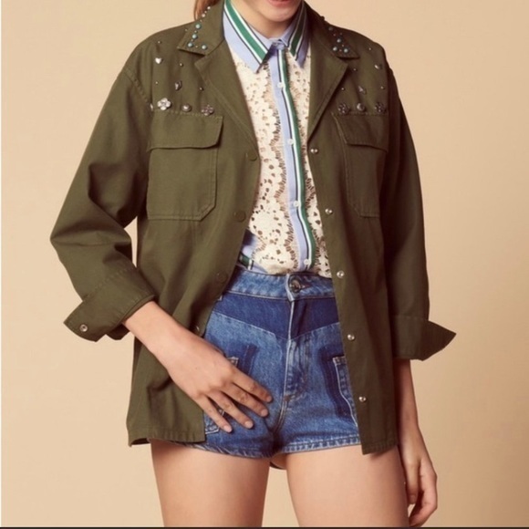 NWOT SANDRO Paris Green Embellished Shirt Jacket 42 - Picture 1 of 8